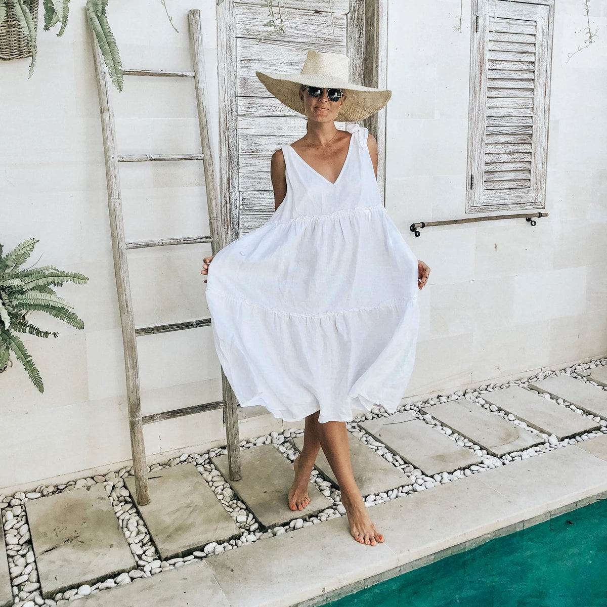 Marianne tiered Linen Dress White