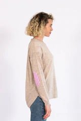Bow & Arrow Almond Swing Jumper with Pink and White Stripe Patches - THE SHEARER'S WIFE
