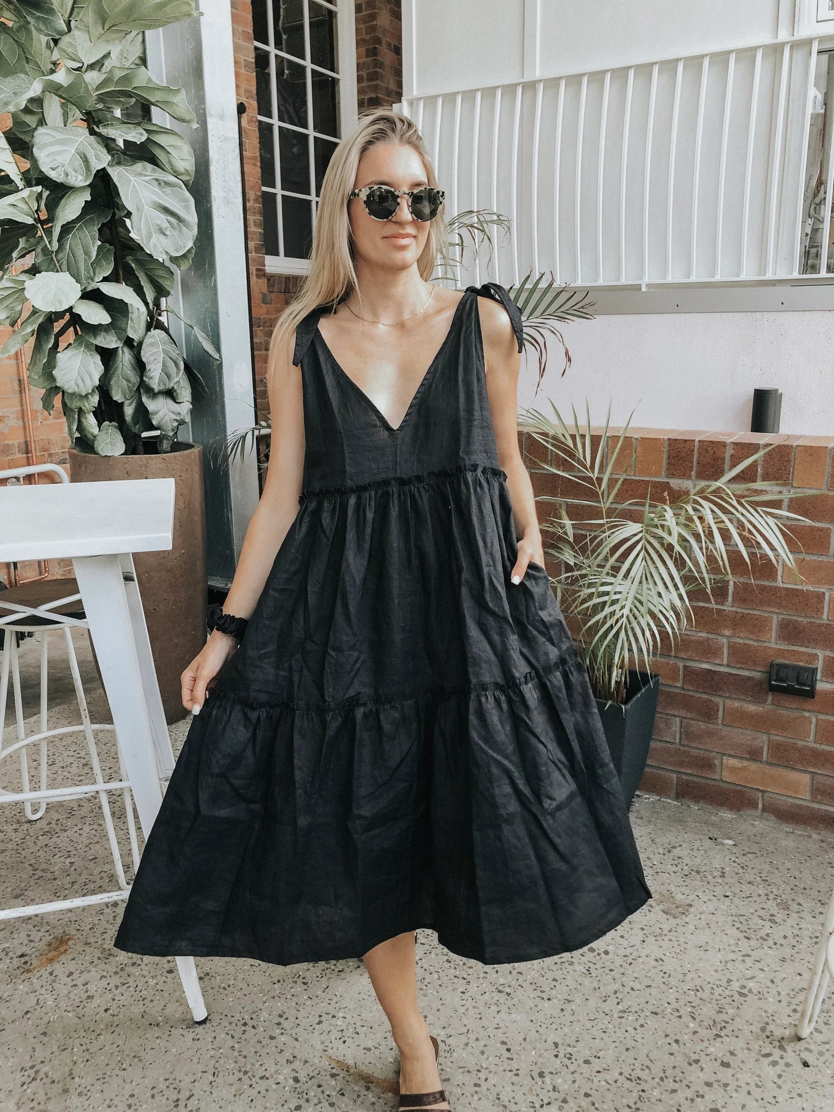 Marianne Tiered Linen Dress Black Marianne Tiered Linen Dress Black
